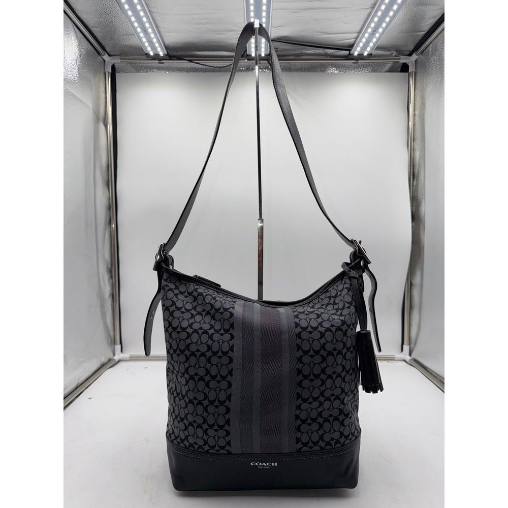 Coach Signature Stripe Hobo Bag Black Grey Jacquard Leather Tassel 19918